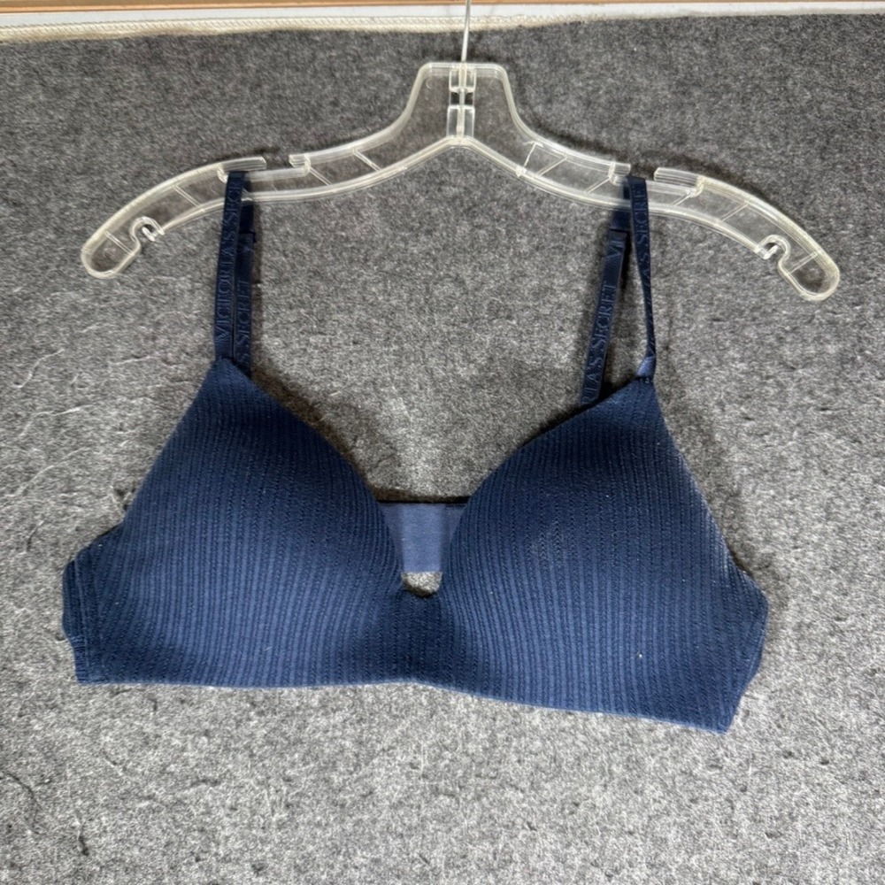 Victoria's Secret Navy Blue Ribbed Wireless Logo Strap Bra 36B